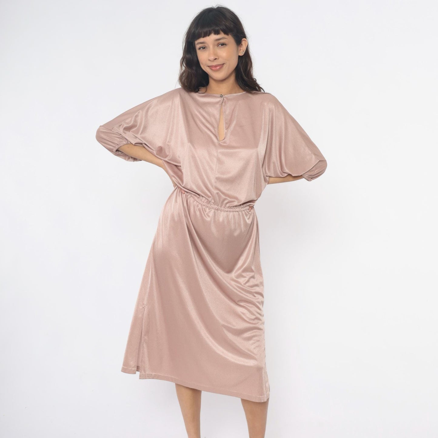 70s Blush Pink Satin Midi Dress Dolman Sleeve Keyhole Back Medium