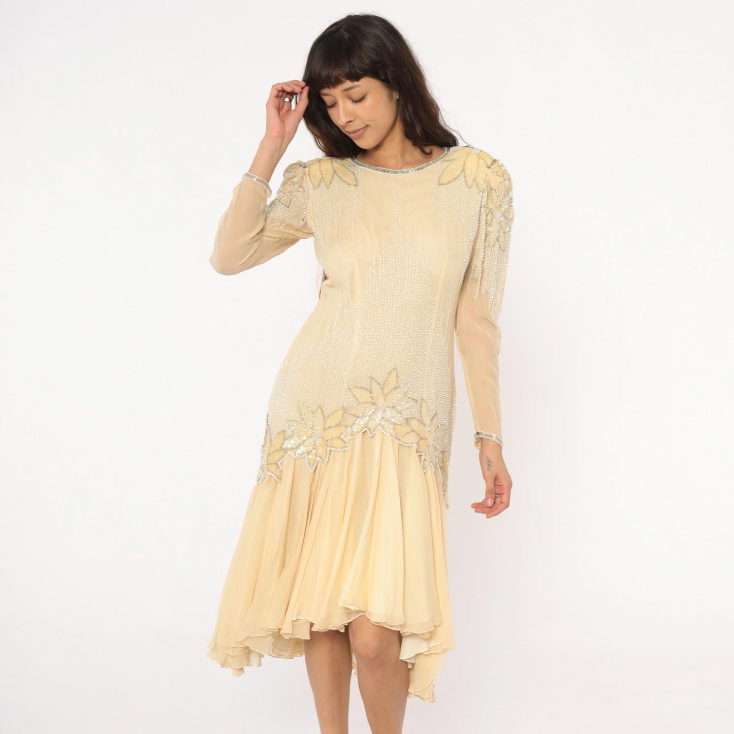 80s Sho Max Originals Silk Dress Beaded Drop Waist Cream Medium M