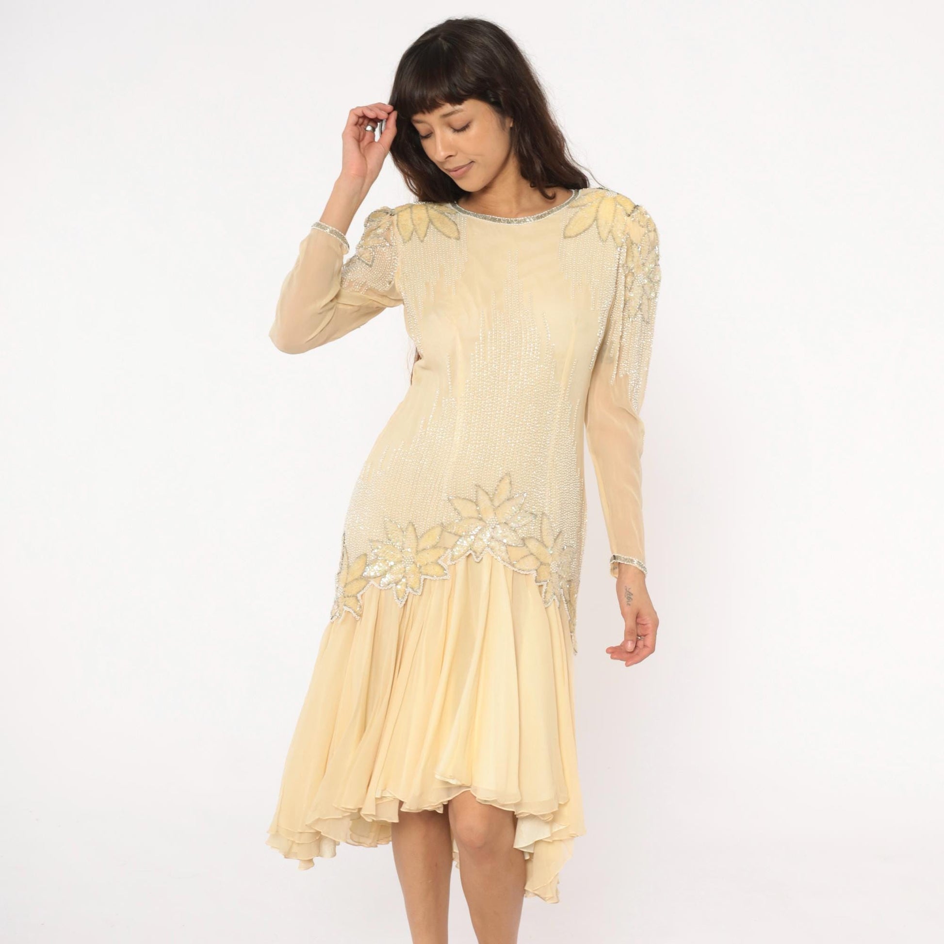 80s Sho Max Originals Silk Dress Beaded Drop Waist Cream Medium M
