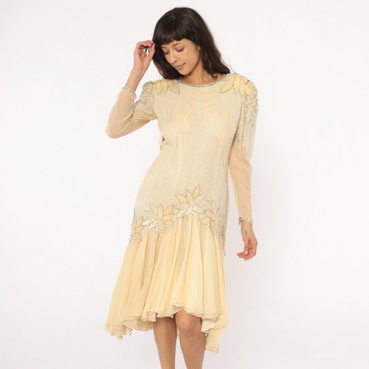 80s Sho Max Originals Silk Dress Beaded Drop Waist Cream Medium M