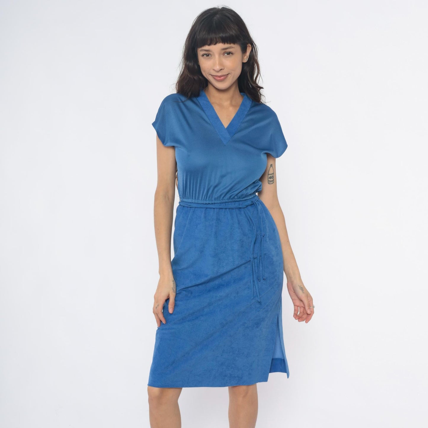 80s Gail Gray Periwinkle Midi Wrap Dress V-Neck Belted Small