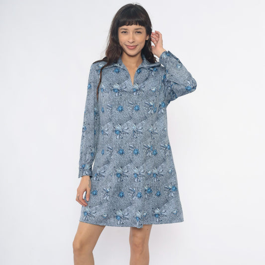 70s Blue-Gray Floral Bow Shirt Dress Pointed Collar Knee-Length Large