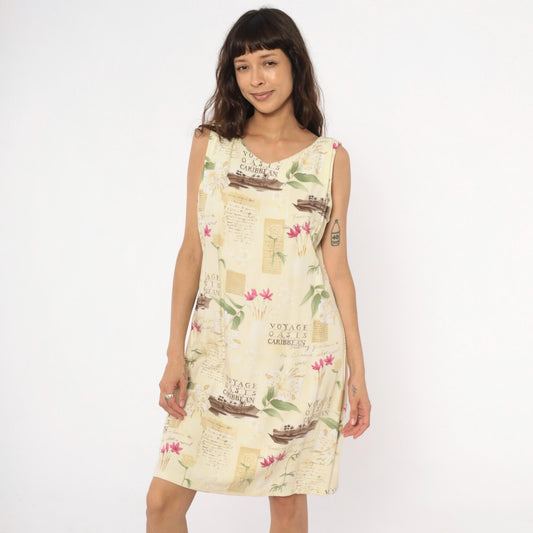 90s Caribbean Joe Tropical Shift Dress Cream Floral Postcard Print Extra Large
