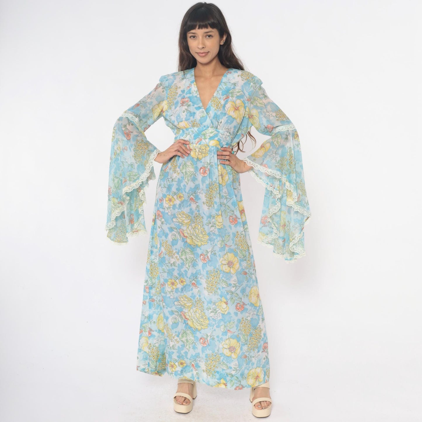 70s Light Blue Floral Maxi Dress Bell Sleeve Wrap Tie Waist Lace Trim Small Medium