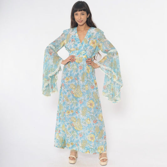 70s Light Blue Floral Maxi Dress Bell Sleeve Wrap Tie Waist Lace Trim Small Medium