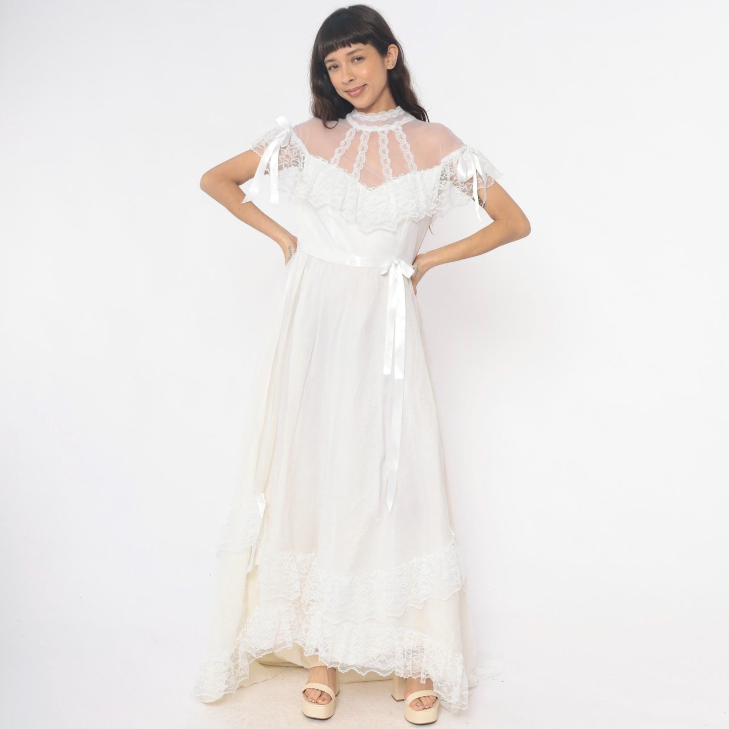 80s White Lace Maxi Nightgown Sheer High Neck Satin Ribbon Medium
