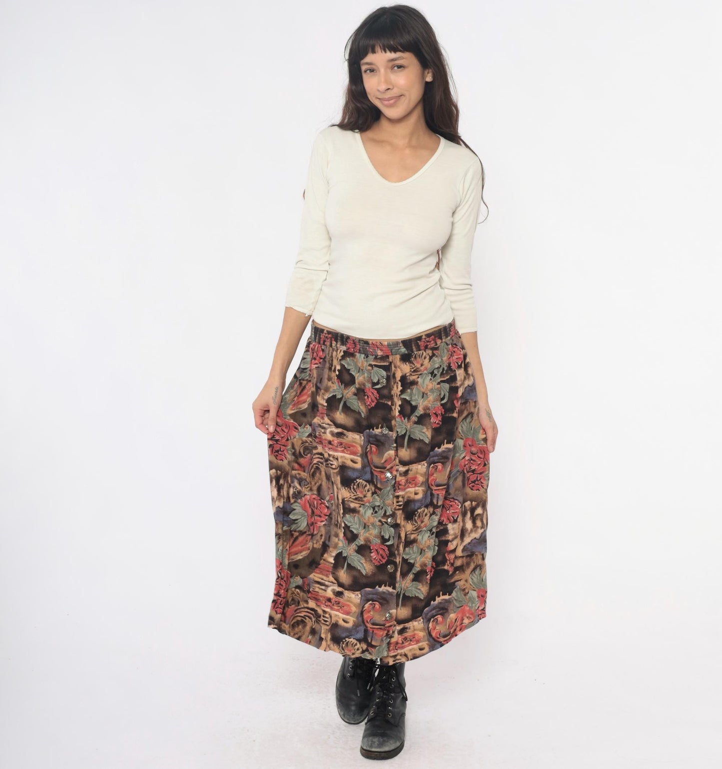 90s Floral Animal Print Midi Skirt Pink Green Brown Rayon Medium Large