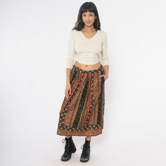 90s Suttles an Seawinds Midi Skirt Paisley Floral Stripe Elastic Waist Large