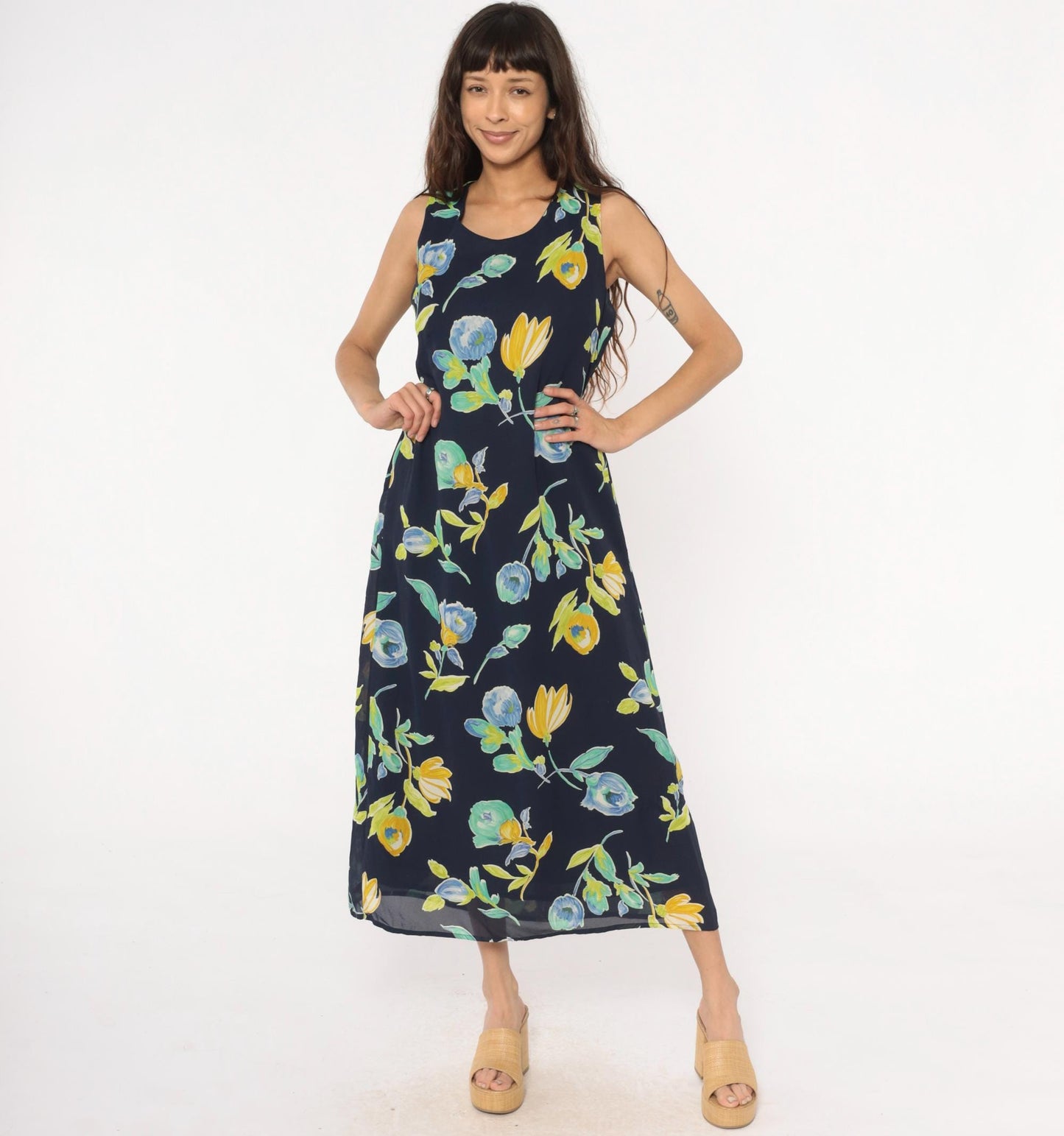 90s Bentley Floral Maxi Dress Navy Blue Yellow Green Scoop Neck Large L