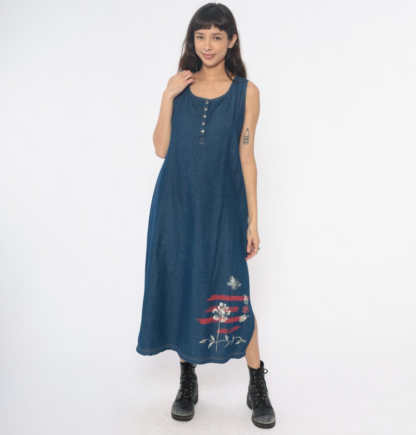 90s Blue Denim Maxi Dress Floral Butterfly Painted Tank Sleeveless Large L