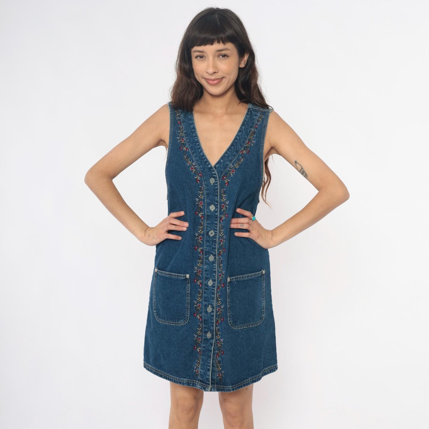 90s JL NY Sport Denim Mini Dress Floral Embroidery Blue Small