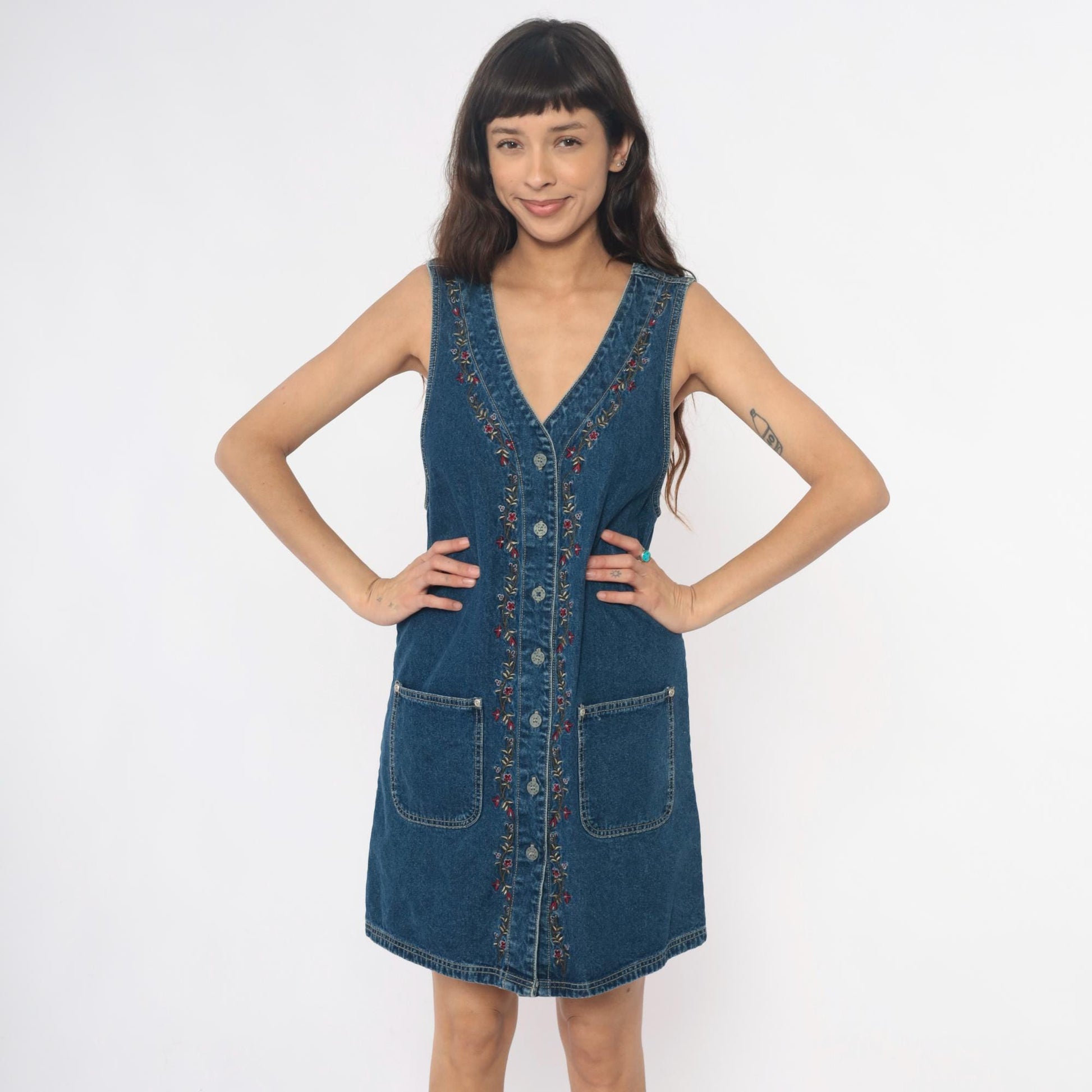 90s JL NY Sport Denim Mini Dress Floral Embroidery Blue Small