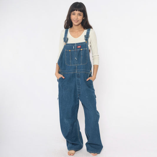 90s Dickies Denim Overalls Blue Cotton Bib Wide Leg Extra Large XL