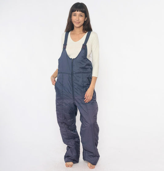 80s Sunshine Mountain Navy Ski Bib Overalls Insulated Nylon Large L
