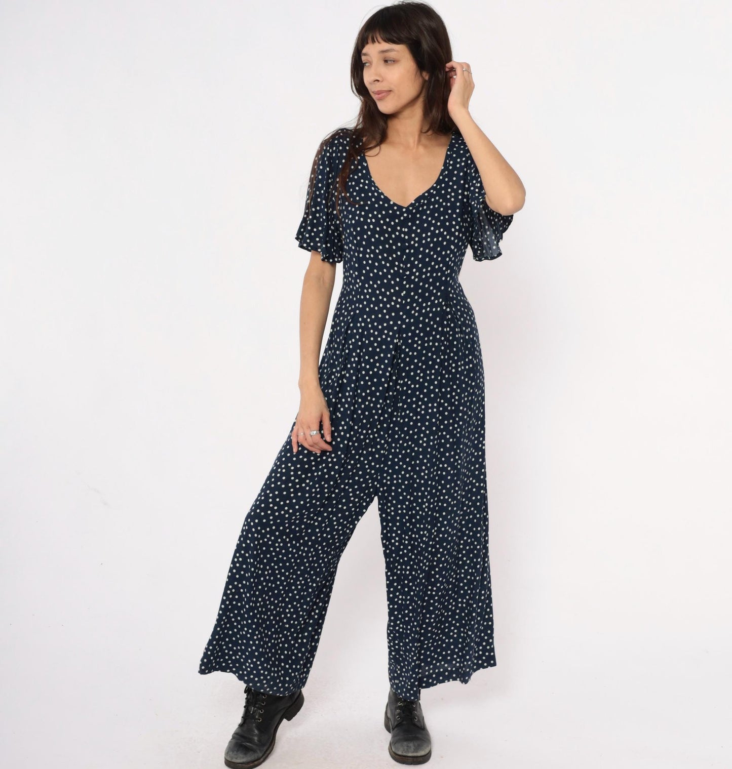 90s Navy Polka Dot Jumpsuit Wide Leg Rayon V-Neck Flutter Sleeve Large L