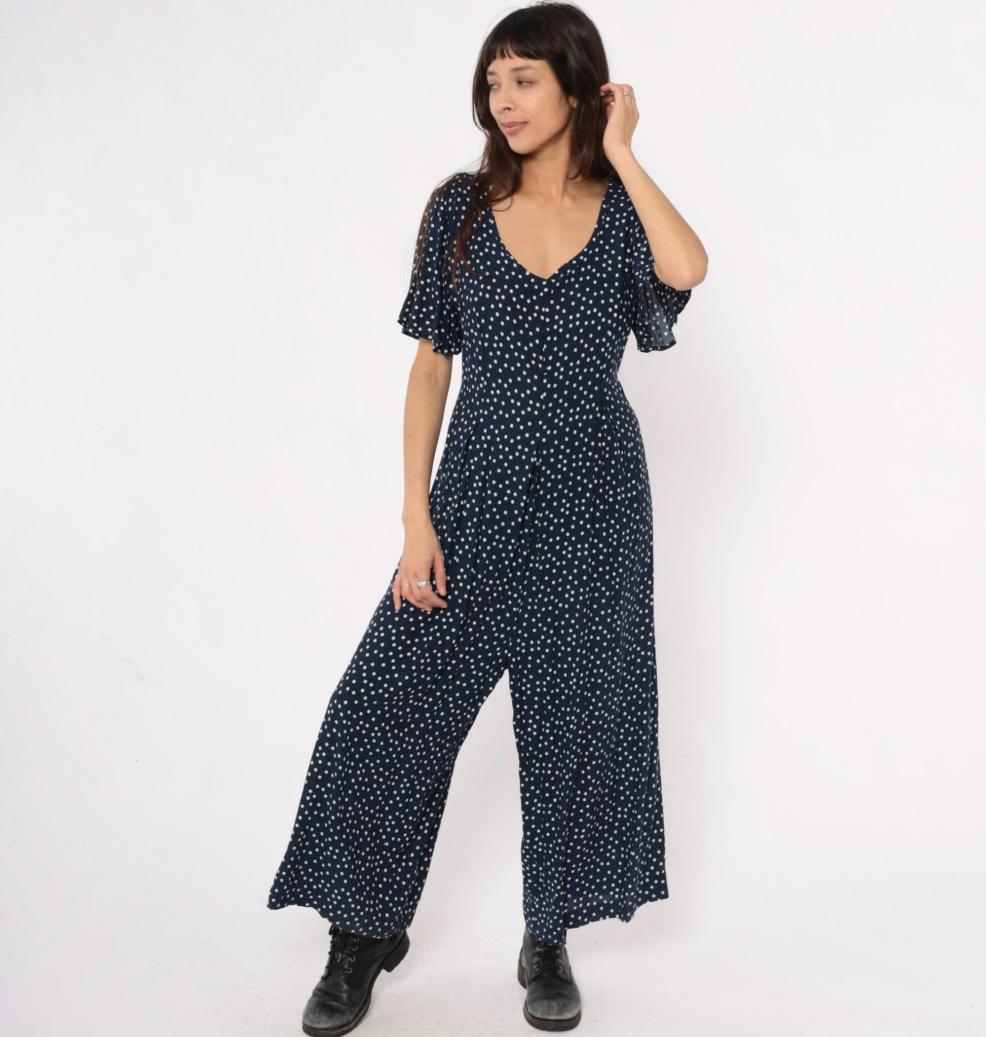 90s Navy Polka Dot Jumpsuit Wide Leg Rayon V-Neck Flutter Sleeve Large L