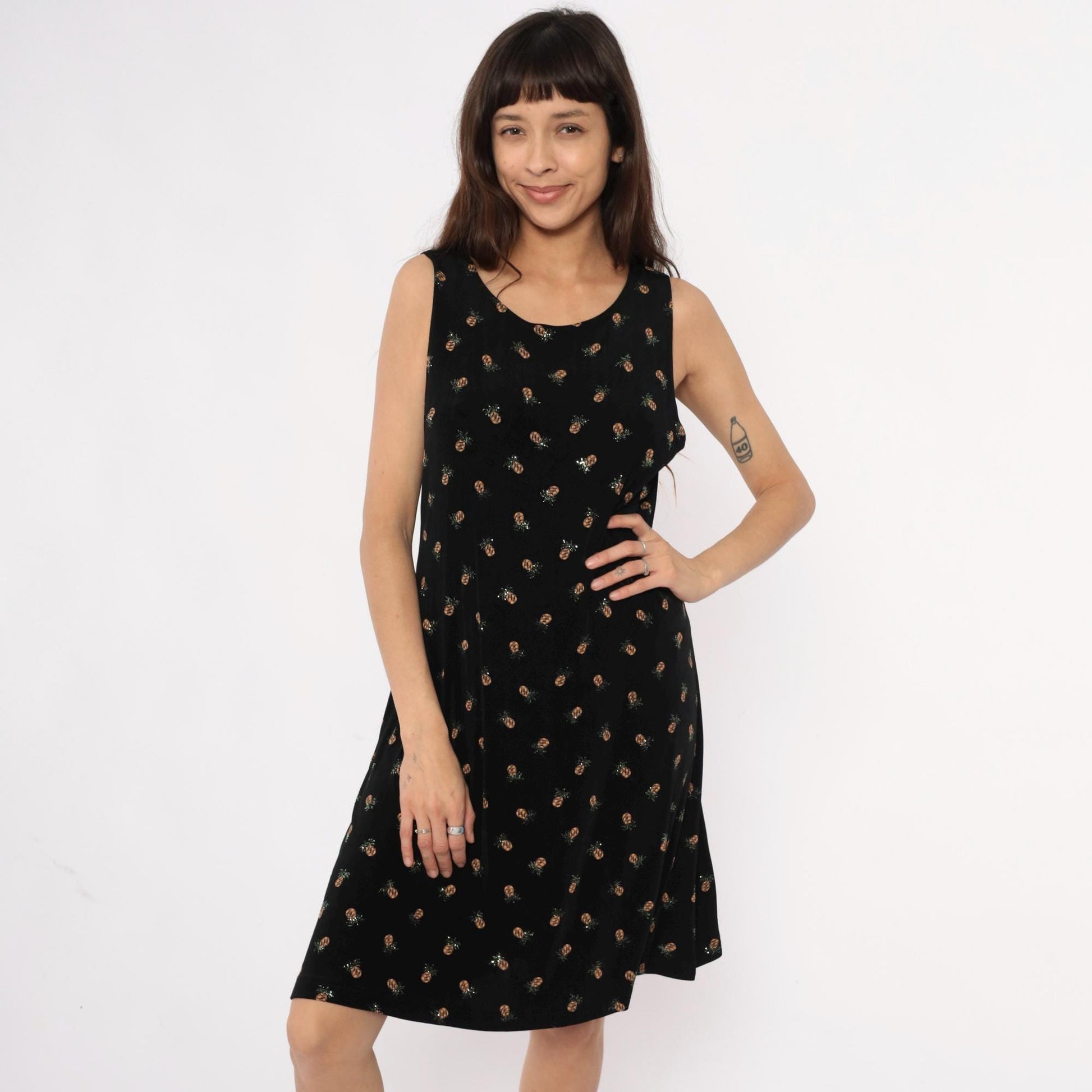 90s Ronni Nicole Pineapple Print Black Shift Dress Medium