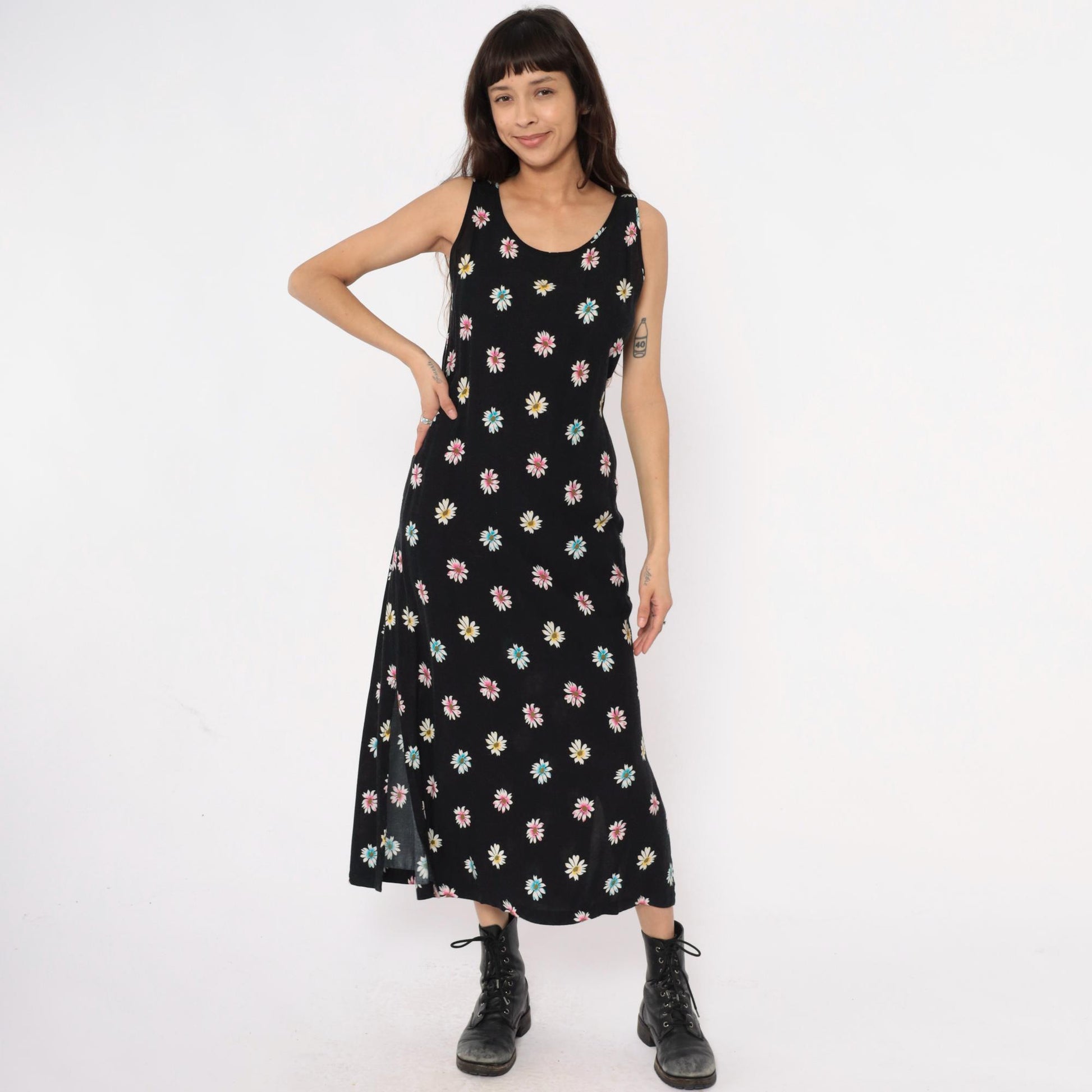 90s Daisy Print Maxi Dress Black Sleeveless Scoop Neck Large L
