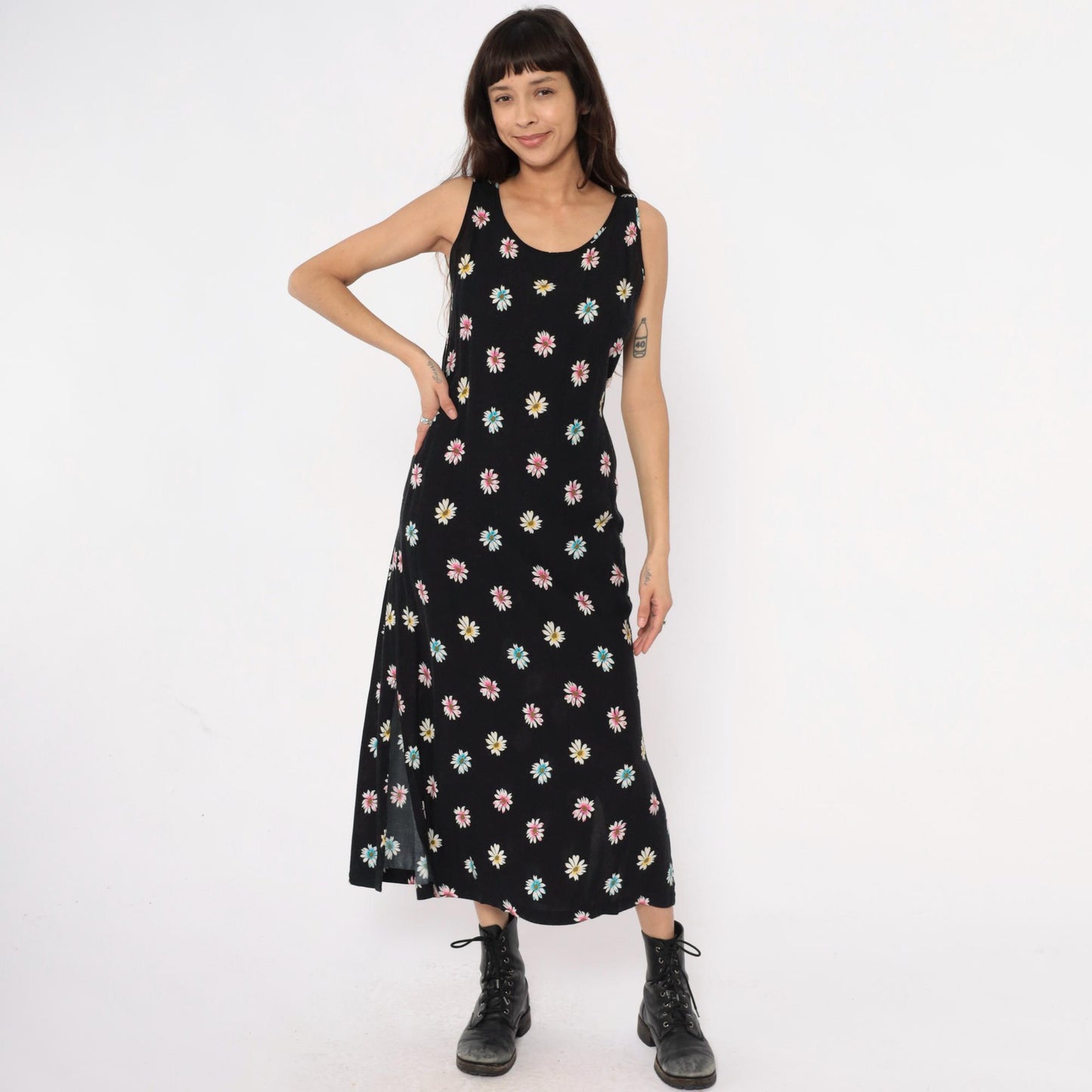 90s Daisy Print Maxi Dress Black Sleeveless Scoop Neck Large L