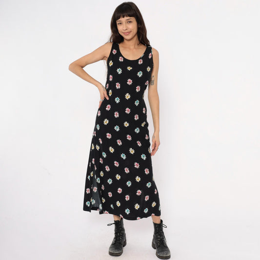 90s Daisy Print Maxi Dress Black Sleeveless Scoop Neck Large L