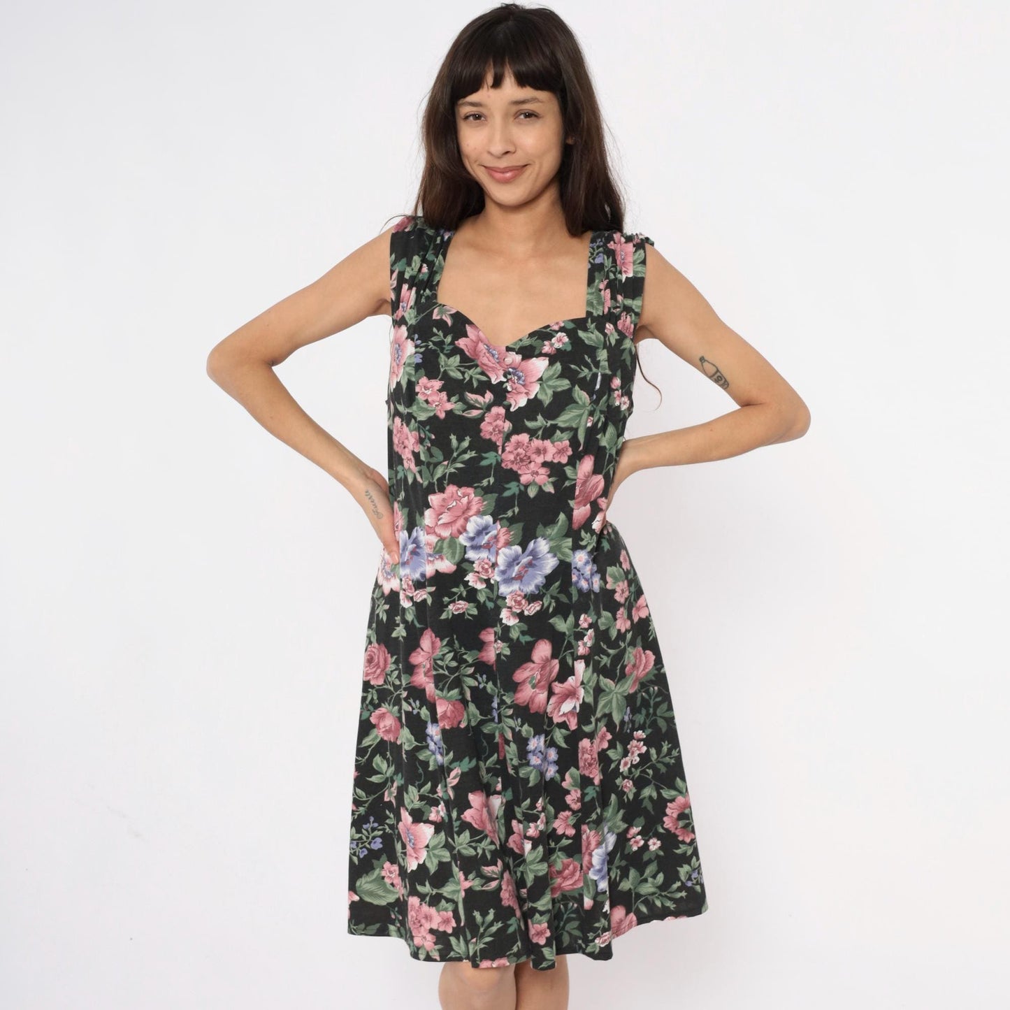 90s Floral Knee-Length Dress Black Pink Roses Blue Flowers Large L