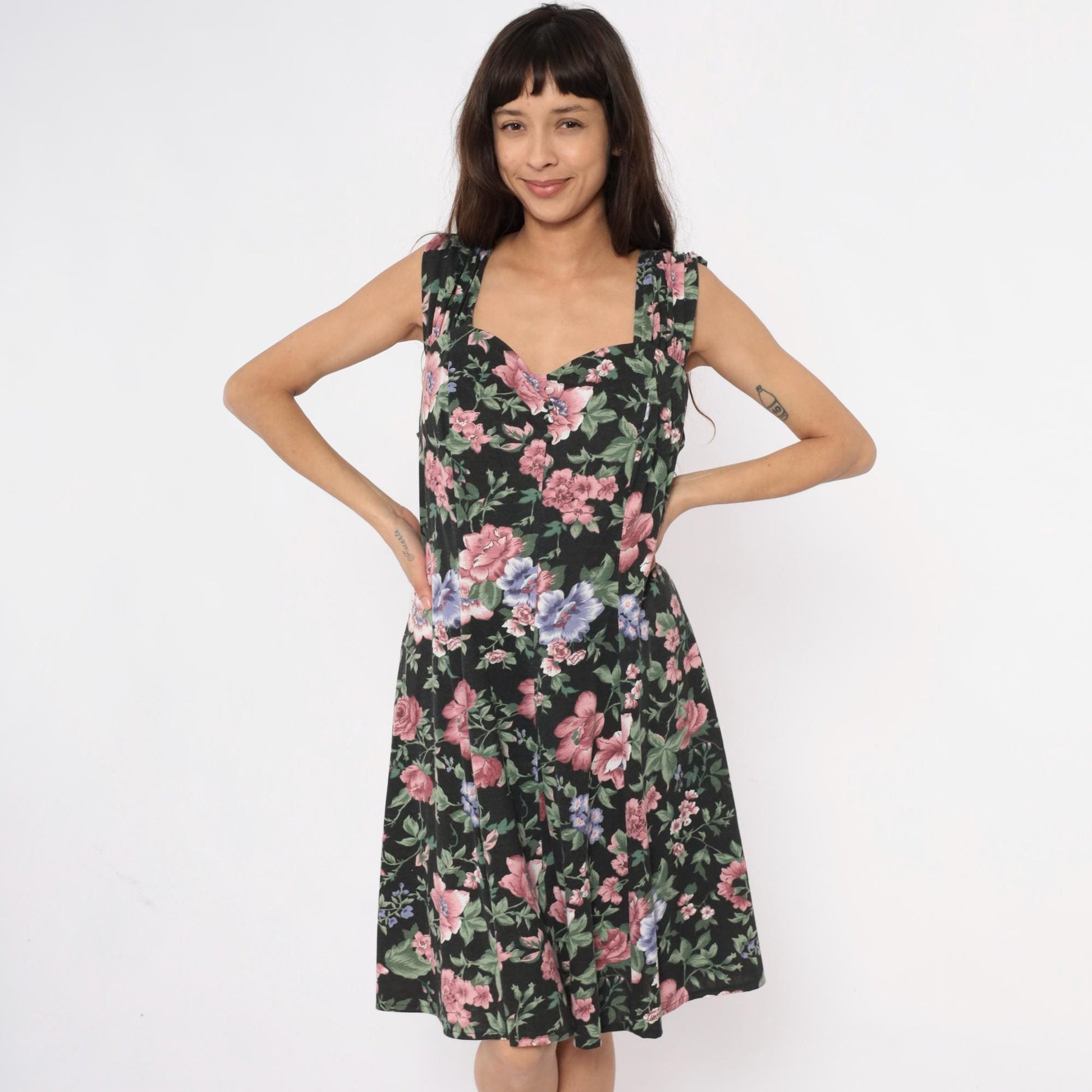 90s Floral Knee-Length Dress Black Pink Roses Blue Flowers Large L