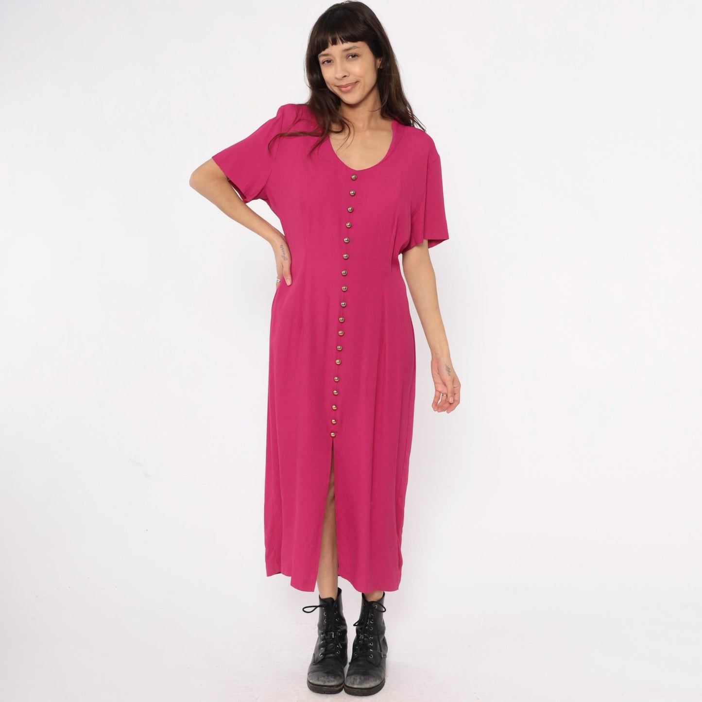 90s Nina Piccalino Hot Pink Maxi Dress V-Neck Button Front Large L