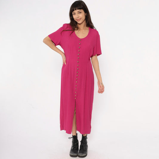 90s Nina Piccalino Hot Pink Maxi Dress V-Neck Button Front Large L