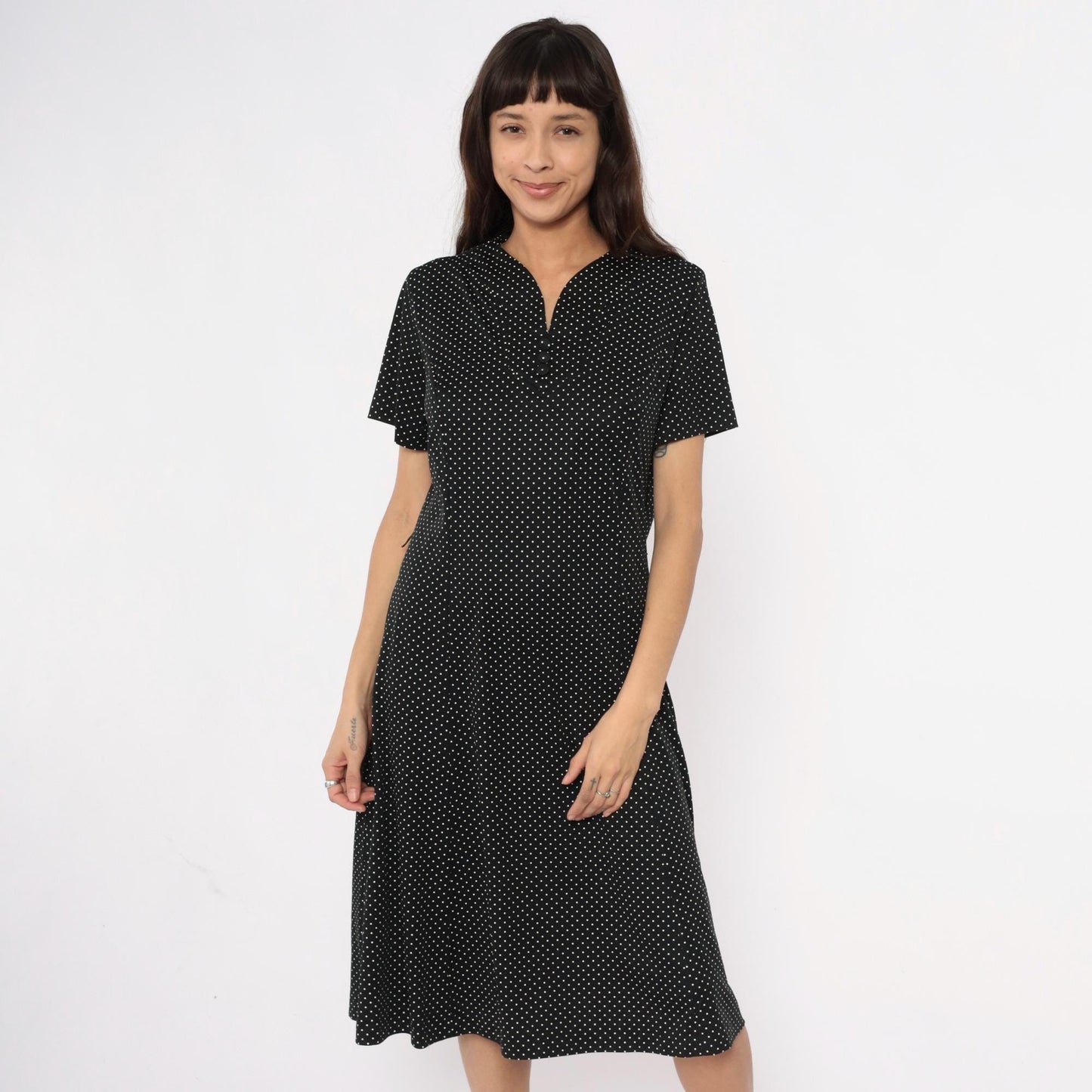 90s Black Polka Dot Midi Dress White V-Neck Short Sleeve Extra Large
