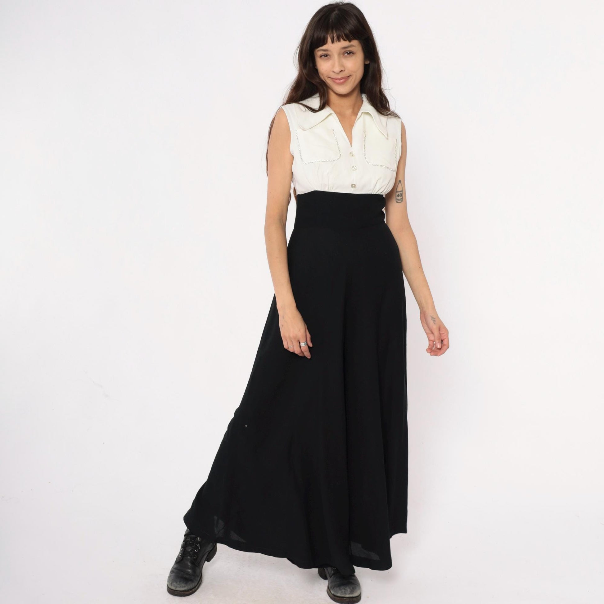 90s Black Cream Colorblock Sleeveless Jumpsuit Rhinestone High Waist Small