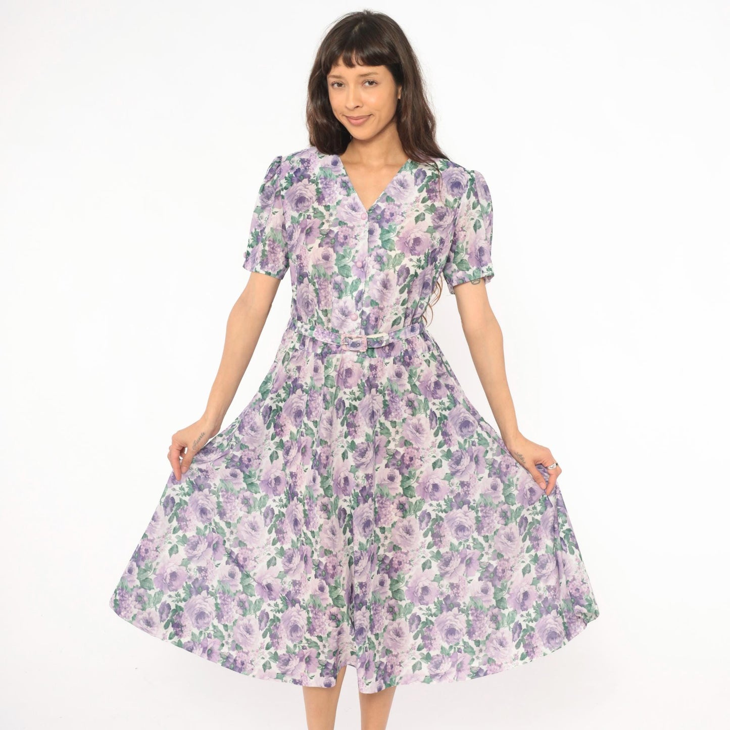 80s Anthony Richards Floral Midi Dress Purple Lavender Rose Puff Sleeve Large L