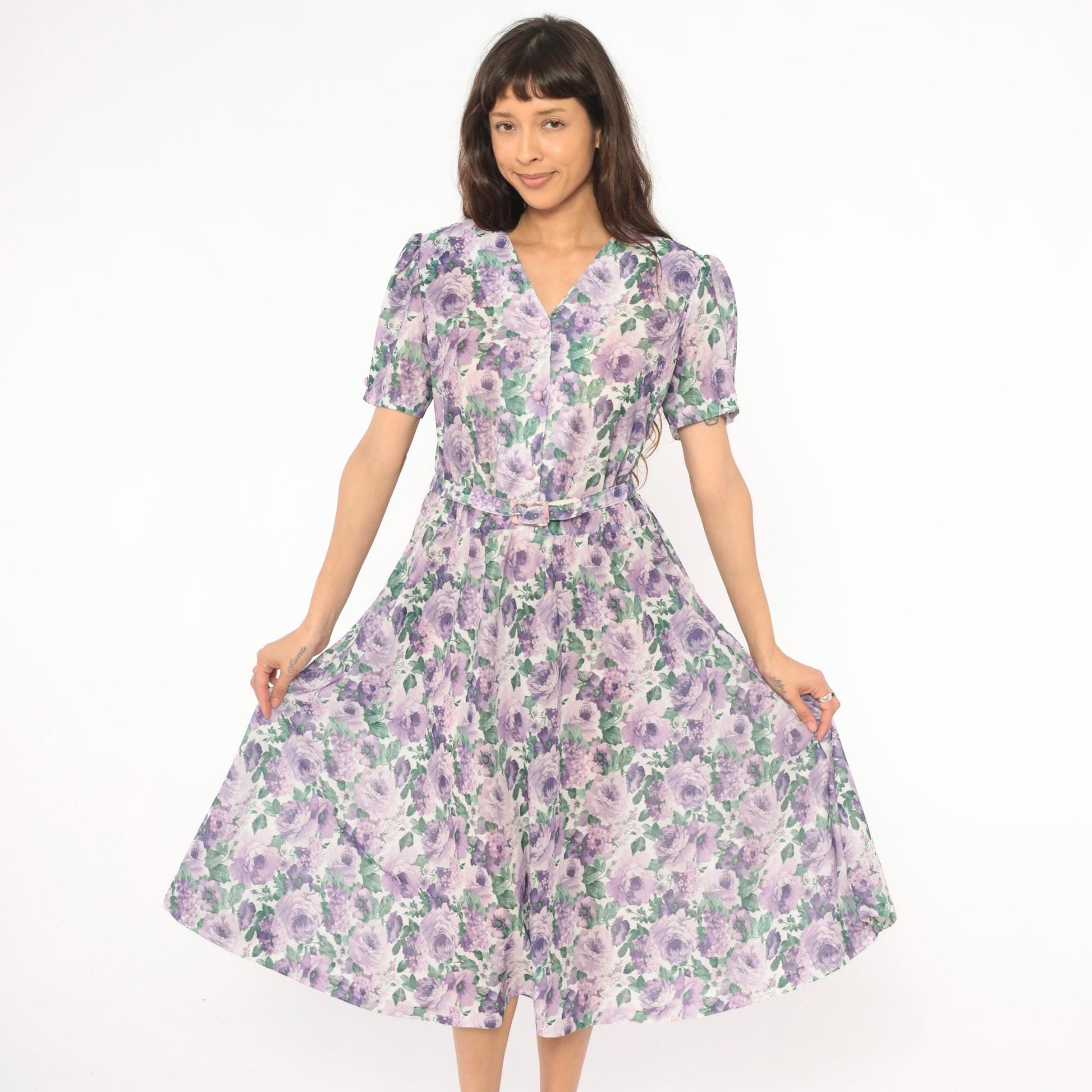 80s Anthony Richards Floral Midi Dress Purple Lavender Rose Puff Sleeve Large L