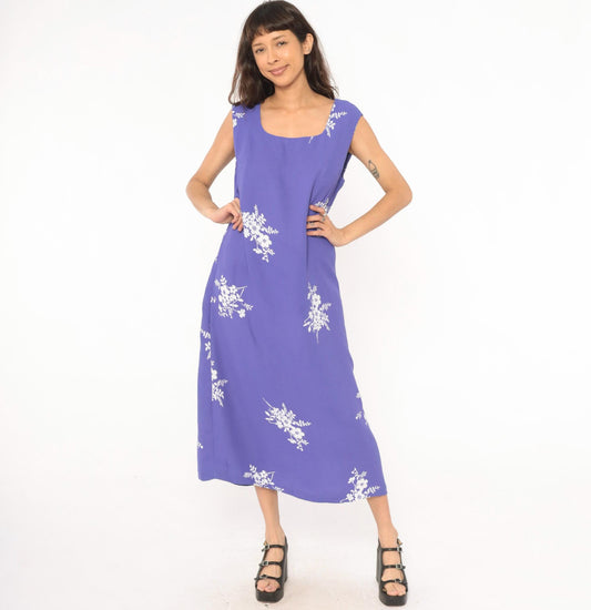 90s Periwinkle Floral Maxi Dress Sleeveless White Embroidered A-Line Extra Large XXL