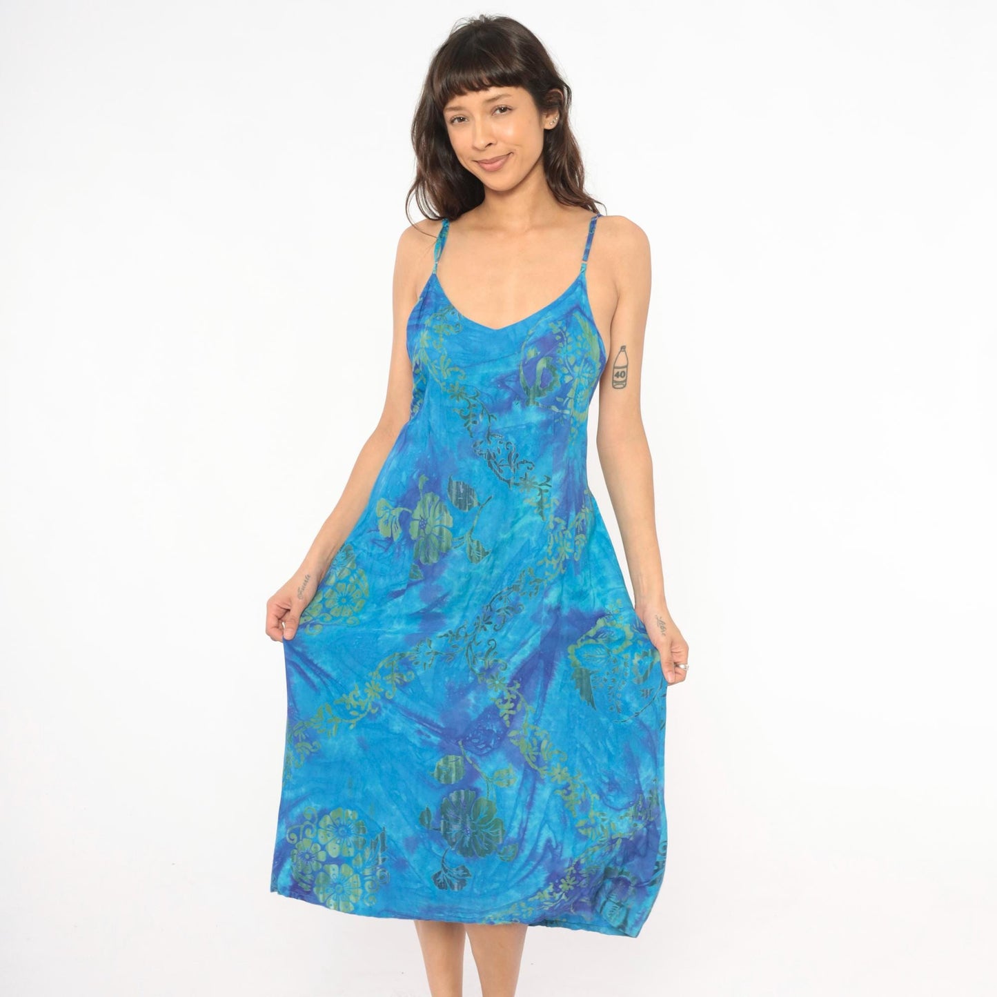 2000s Hand Kreation Tie Dye Slip Dress Blue Purple Hibiscus Floral Large L