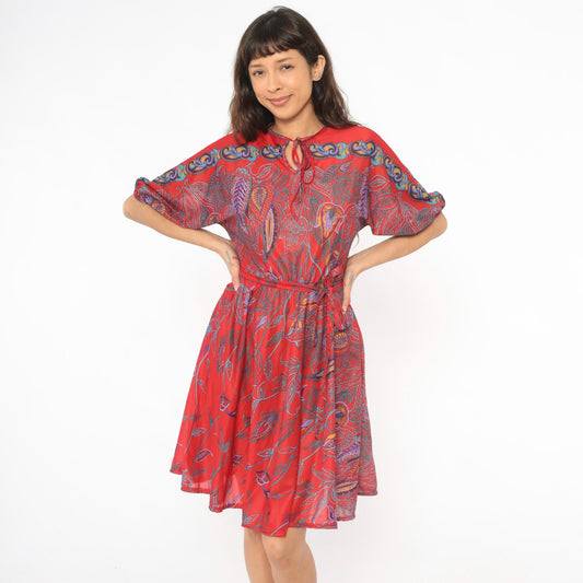 80s NPC Fashions Red Paisley Botanical Tie Neck Dress Knee Length Small Medium