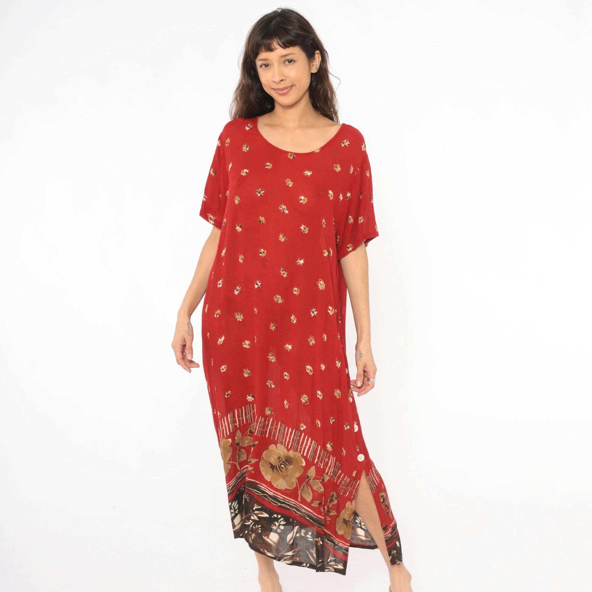 90s Red Floral Maxi Dress Gold Border Button Side Slit Large L