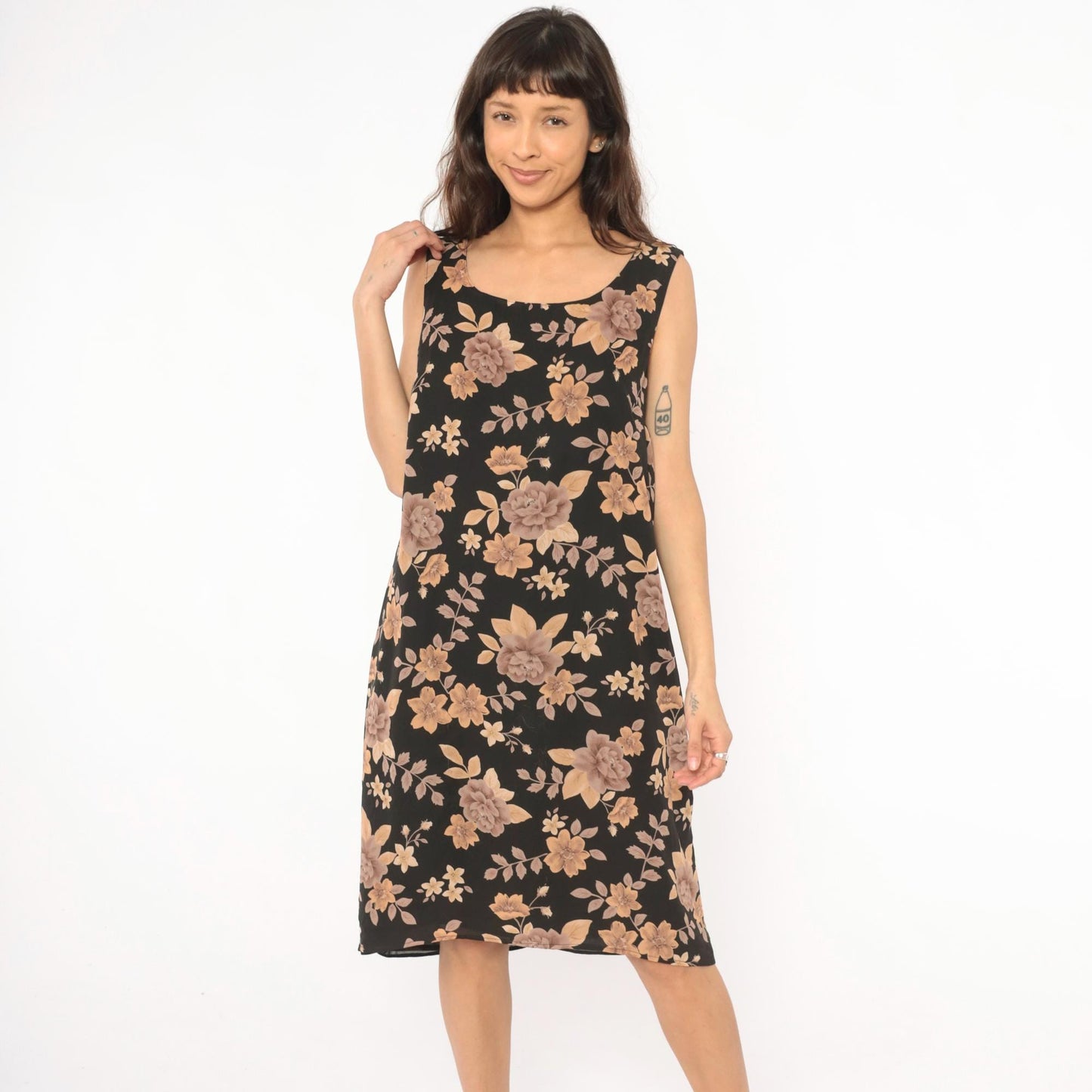 90s Laura Scott Floral Tank Dress Black Tan Rose Print Knee Length Extra Large XL