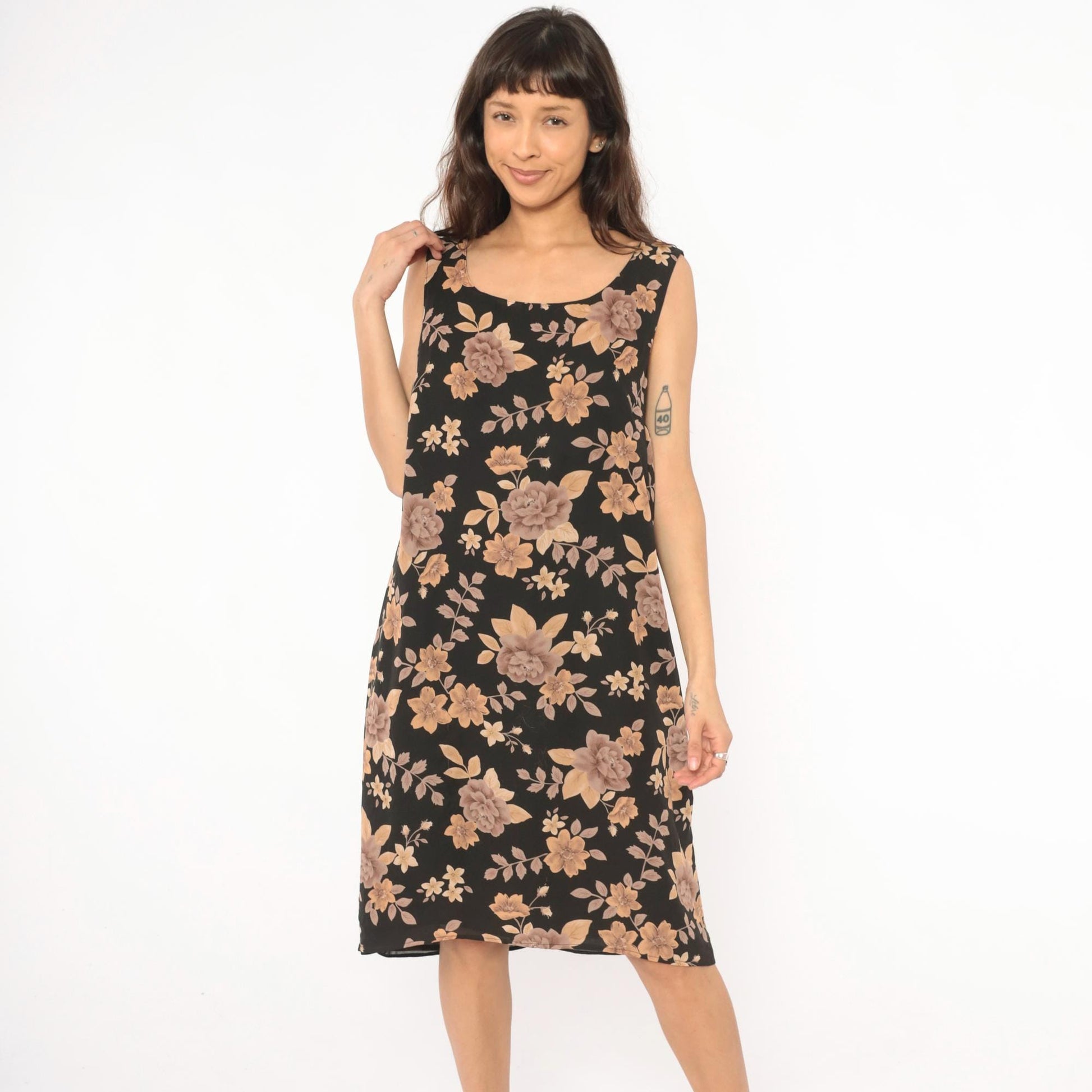 90s Laura Scott Floral Tank Dress Black Tan Rose Print Knee Length Extra Large XL