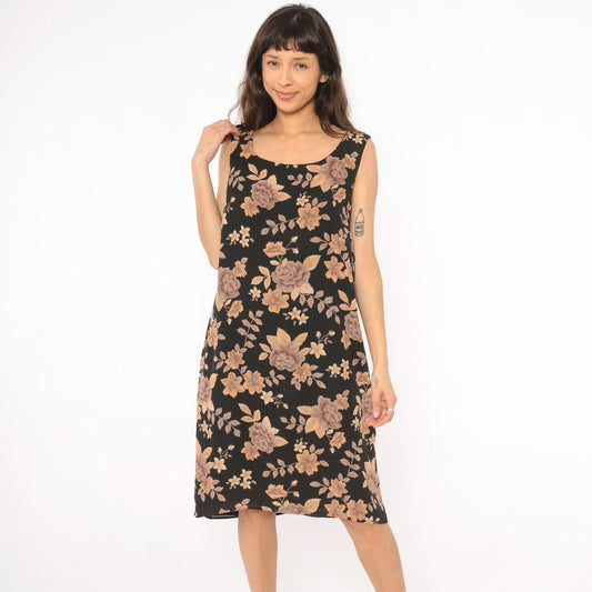 90s Laura Scott Floral Tank Dress Black Tan Rose Print Knee Length Extra Large XL