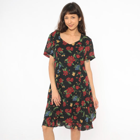 90s Olivia Rose Floral Knee-Length Dress Black Red Grape Print Medium M