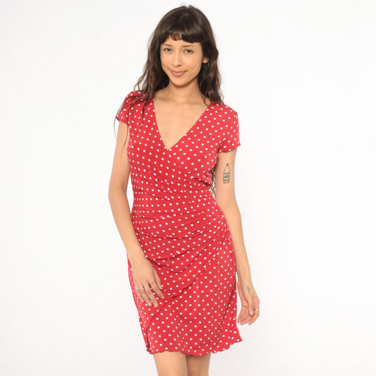 2000s Joseph Ribknoff Red Polka Dot Wrap Dress V Neck Cap Sleeve Small S
