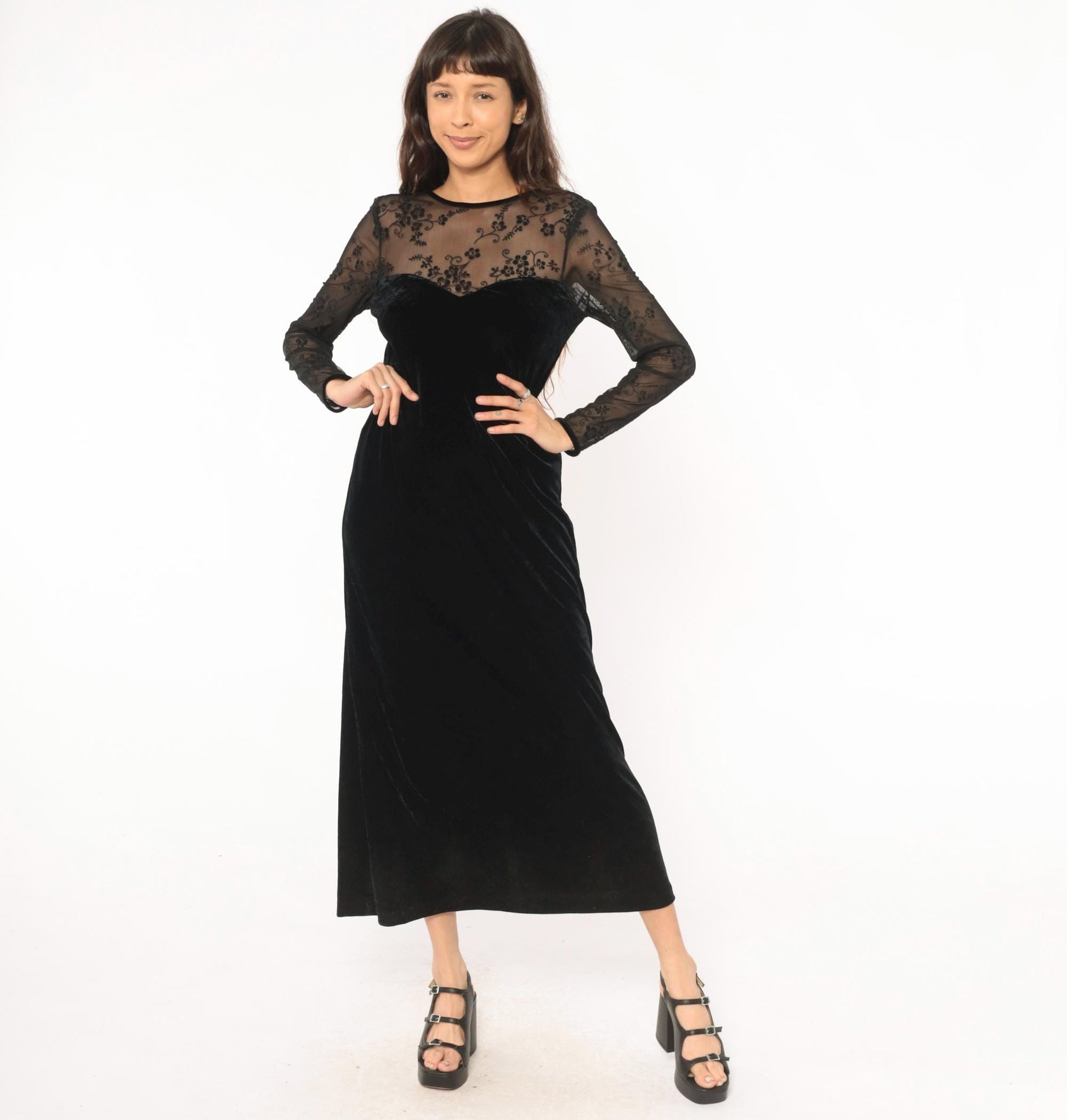 90s Kathie Lee Black Velvet Maxi Dress Embroidered Mesh Sweetheart V Back Small