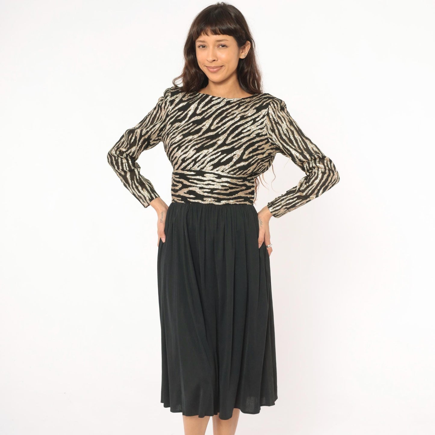 80s Ursula of Switzerland Gold Zebra Stripe Midi Dress Black Long Sleeve Medium M