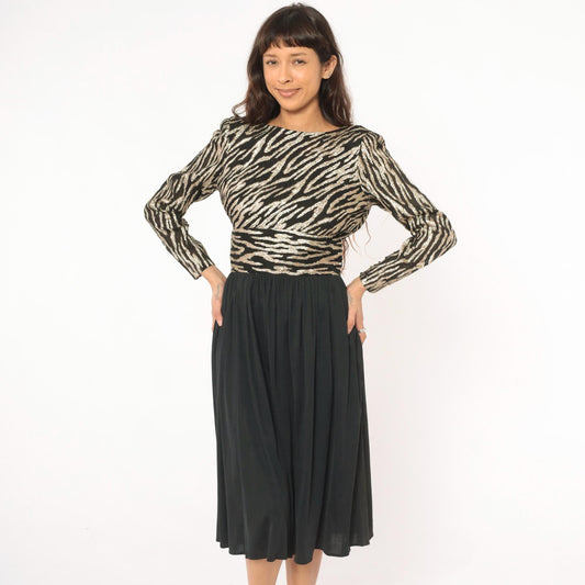 80s Ursula of Switzerland Gold Zebra Stripe Midi Dress Black Long Sleeve Medium M