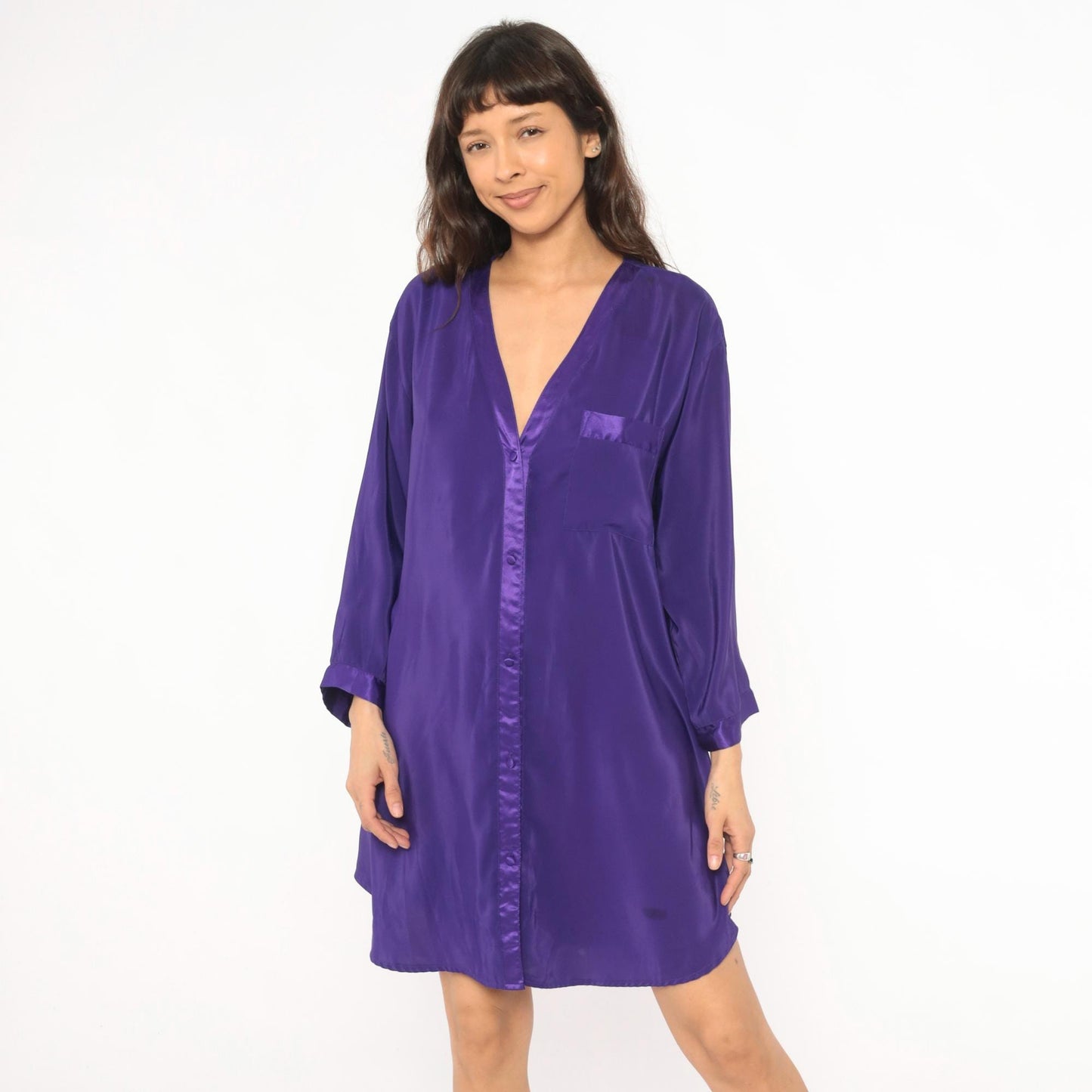 90s Beth Michaels Purple Satin Sleep Shirt Button Front V Neck Knee Length Large L