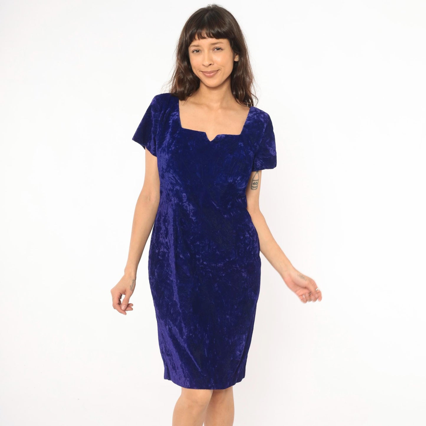 90s Late Edition Purple Crushed Velvet Dress Sweetheart Neckline Knee-Length Medium M