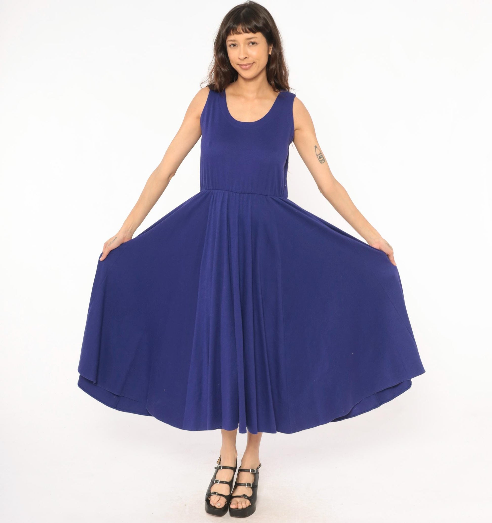 80s Rosemary Brantley Indigo Midi Sundress Scoop Neck Circle Skirt Large L