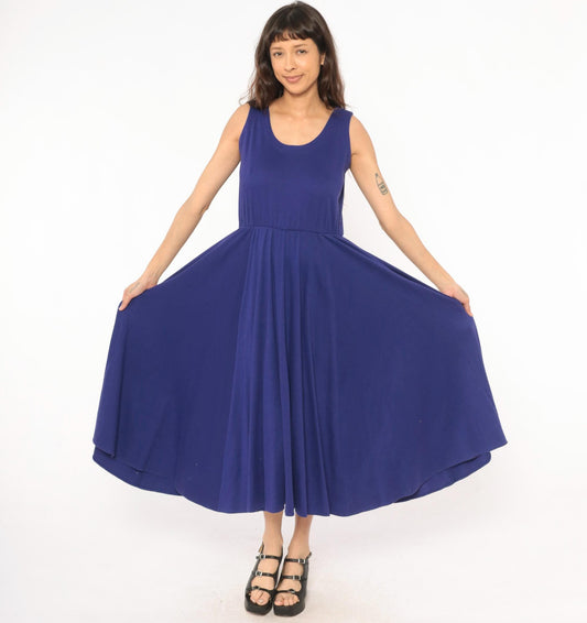 80s Rosemary Brantley Indigo Midi Sundress Scoop Neck Circle Skirt Large L