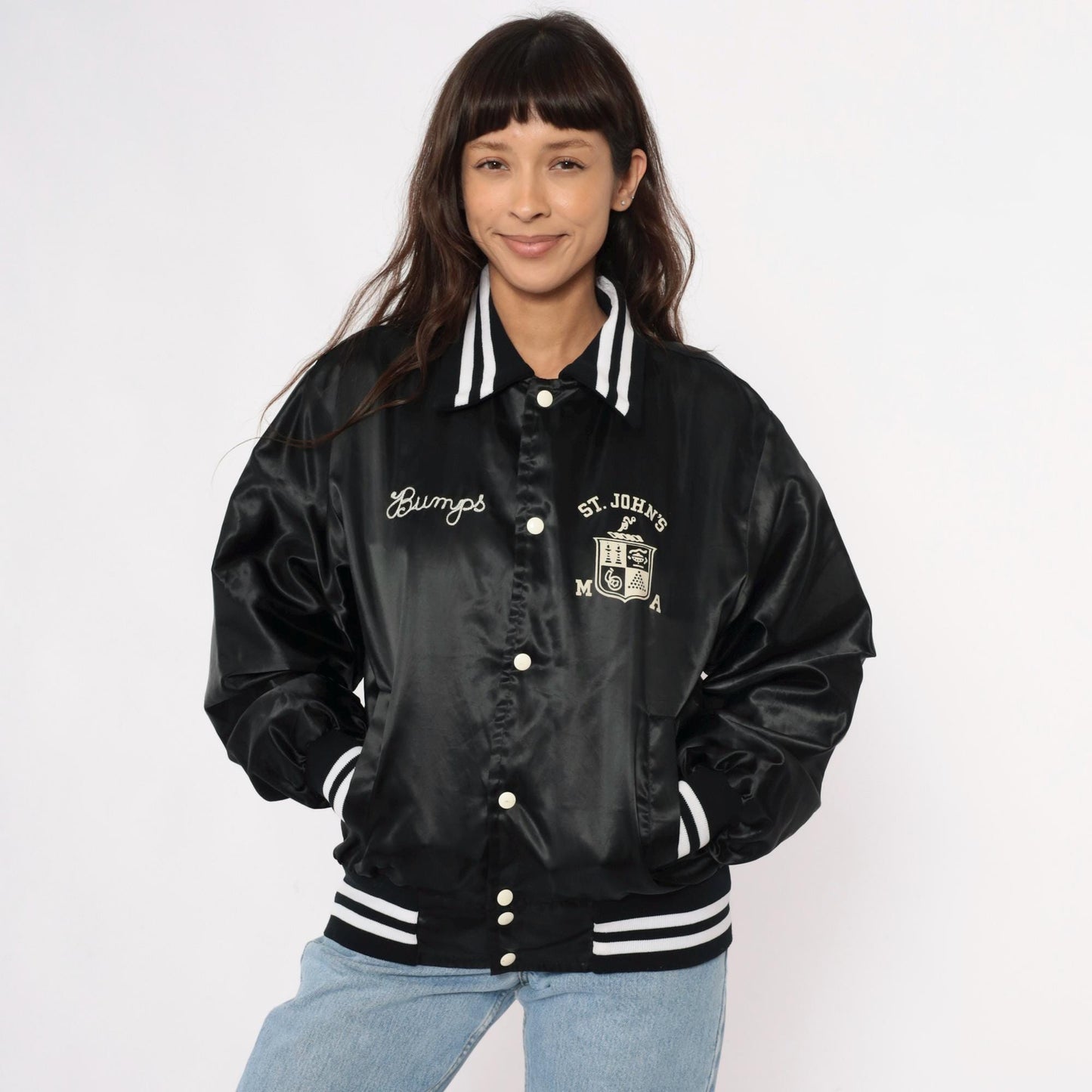 80s Black Satin Varsity Jacket Silver Rifles Drill Team Embroidered Medium