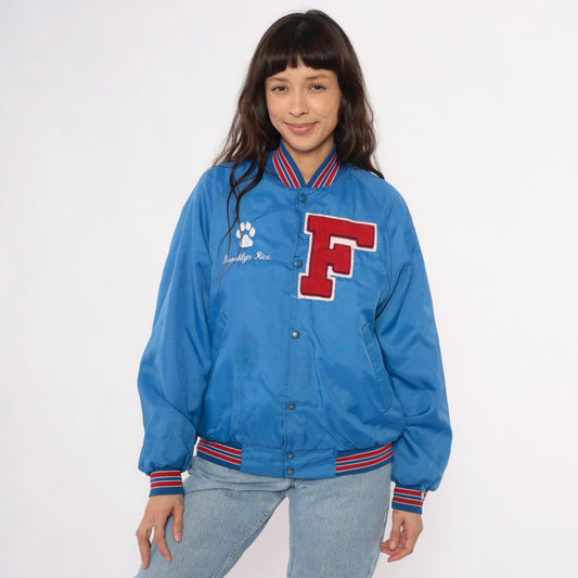 90s Franklin Varsity Jacket Blue Nylon Bomber Snap Front Small S